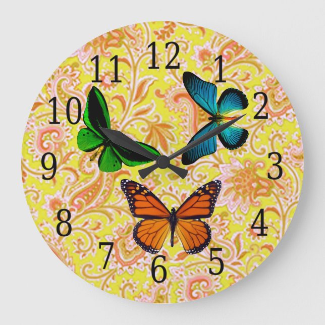 Blau, grün, orange Schmetterlinge auf der Paisley- Große Wanduhr (Vorderseite)
