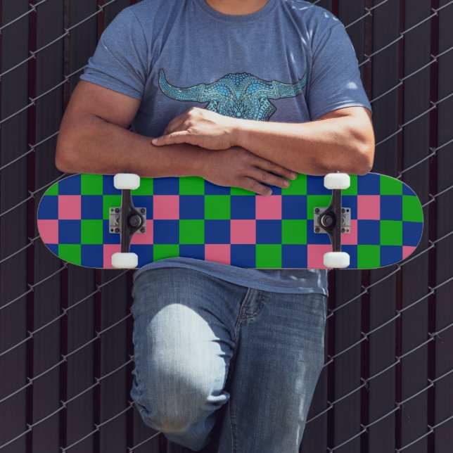 Blau Grün Rosa Karomuster Design  Skateboard (Außenbereich 3)