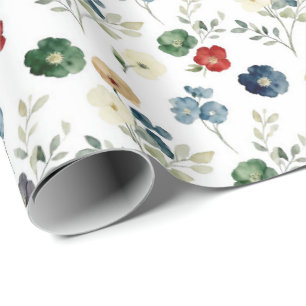 Blau Grün Rot Floral Aquarell  Geschenkpapier