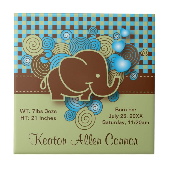 Blau, Grün u. karierter Baby-Elefant Browns Fliese (Vorderseite)