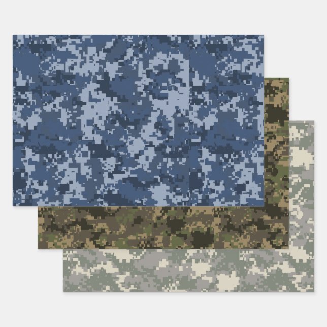 Blau, Grün und Beige Pixel Camouflage Camouflage Geschenkpapier Set (Set)