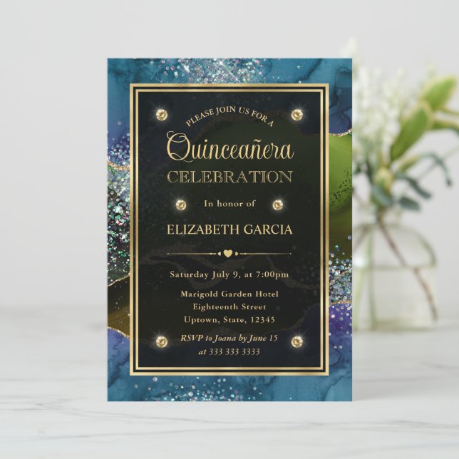 Blau, Grün und Gold Glitzer Agate Quinceanera Einladung (Stehend Vorderseite)