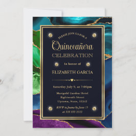 Blau, Grün und Gold Glitzer Agate Quinceanera Einladung