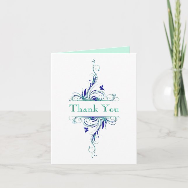 Blau, Grün, Weiß, Aqua Floral Danke Karte (Vorderseite)