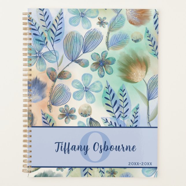Blau-grüne Aquarellfarbe Blumendesign Planer (Vorderseite)