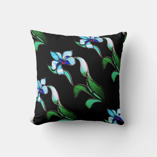 Blau-grüne Neonfarben-Blume auf schwarz Kissen (Vorderseite)