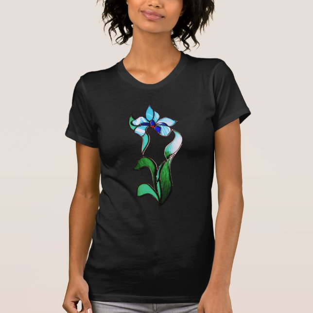 Blau-grüne Neonfarben-Blume auf schwarz T-Shirt (Vorderseite)