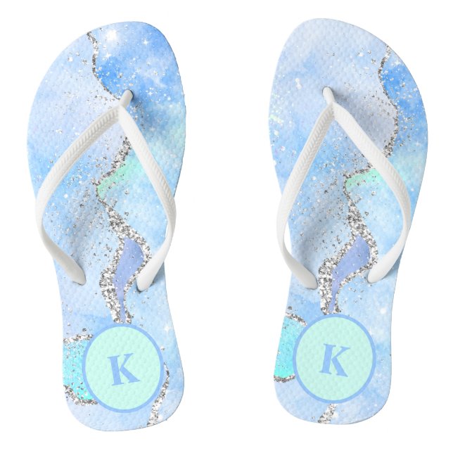 Blau-grüner Silber-Glitzer-Marmor Swirl Monogramm Flip Flops (Fußbett)