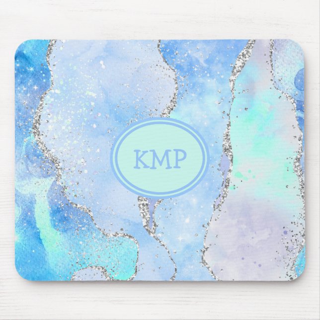 Blau-grüner Silber-Glitzer-Marmor Swirl Monogramm Mousepad (Vorne)