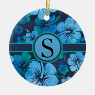 Blau-grüner tropischer Hibiskus-Blumen-Monogramm Keramikornament