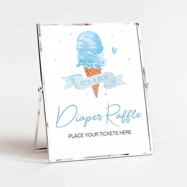 Blau Hier ist das Scoop Baby Duwer Diaper Raffle Poster (Boy Ice Cream Baby Shower Diaper Raffle Sign)