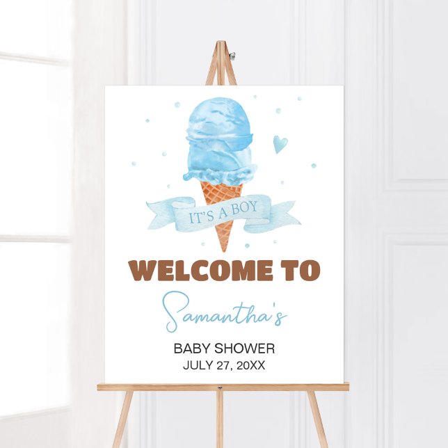 Blau Hier ist die Scoop Baby Dusche Willkommen Poster (Boy Ice Cream Baby Shower Welcome Sign)