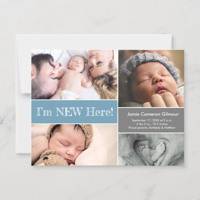 Blau Ich bin neu Hier Baby Junge Foto Collage Cust Magneteinladung (Vorderseite)
