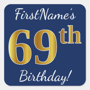 Blau, Imitat-Gold69. Geburtstag + Individueller Quadratischer Aufkleber