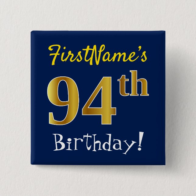 Blau, Imitat-Gold94. Geburtstag, mit individuellem Button (Vorderseite)