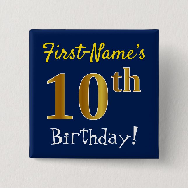 Blau, Imitate Gold 10. Geburtstag, mit Individuell Button (Vorderseite)