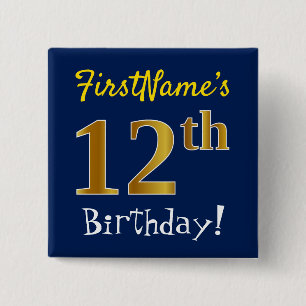 Blau, Imitate Gold 12. Geburtstag, mit Individuell Button