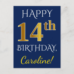 Blau, Imitate Gold 14. Geburtstag + Individuelle N Postkarte