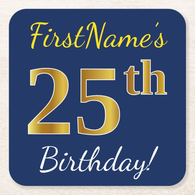 Blau, Imitate Gold 25. Geburtstag + Individuelle N Rechteckiger Pappuntersetzer (Vorderseite)