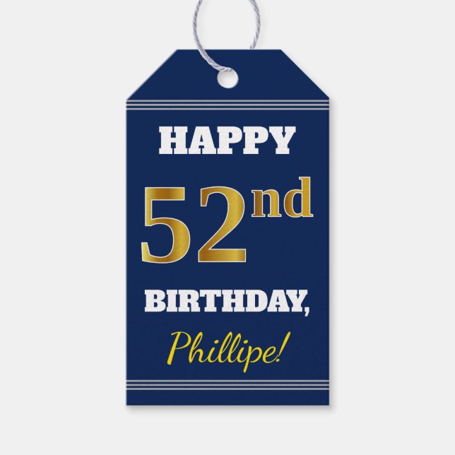 Blau, Imitate Gold 52. Geburtstag + Individuelle N Geschenkanhänger (Vorderseite)