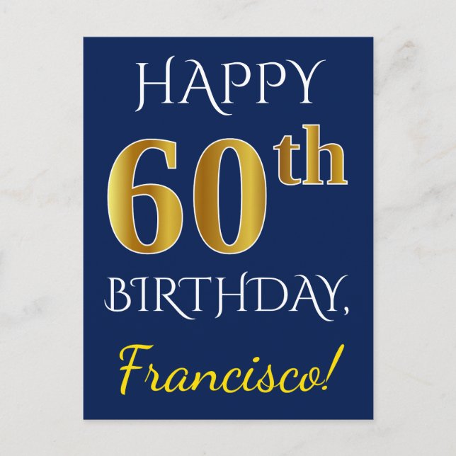 Blau, Imitate Gold 60. Geburtstag + Individuelle N Postkarte (Vorderseite)