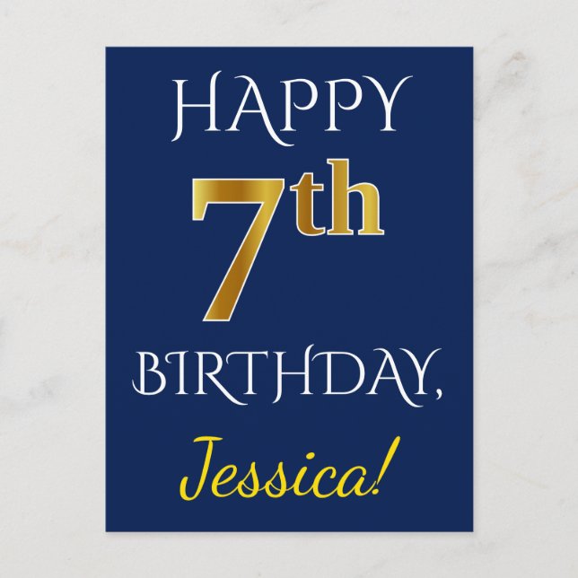 Blau, Imitate Gold 7. Geburtstag + Individuelle Na Postkarte (Vorderseite)