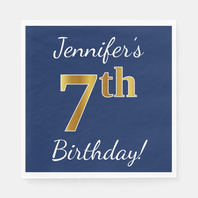 Blau, Imitate Gold 7. Geburtstag + Individuelle Na Serviette (Vorderseite)