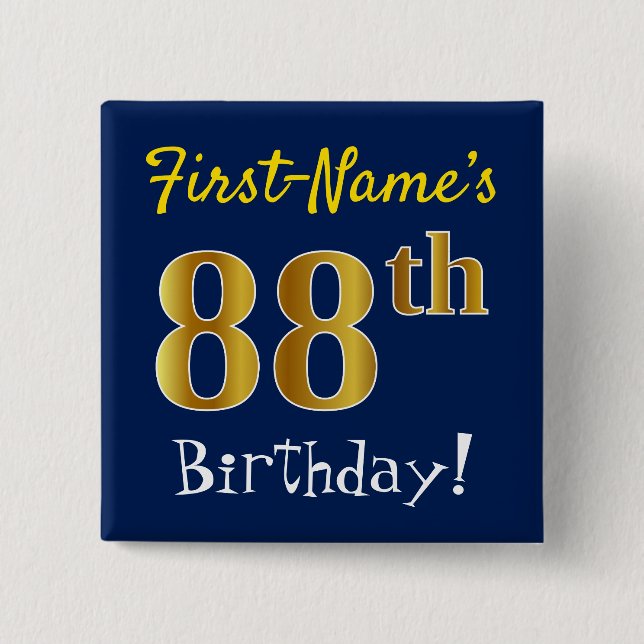 Blau, Imitate Gold 88. Geburtstag, mit Individuell Button (Vorderseite)