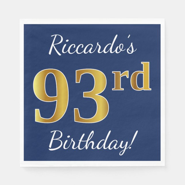 Blau, Imitate Gold 93. Geburtstag + Individuelle N Serviette (Vorderseite)