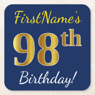 Blau, Imitate Gold 98. Geburtstag + Individuelle N Rechteckiger Pappuntersetzer