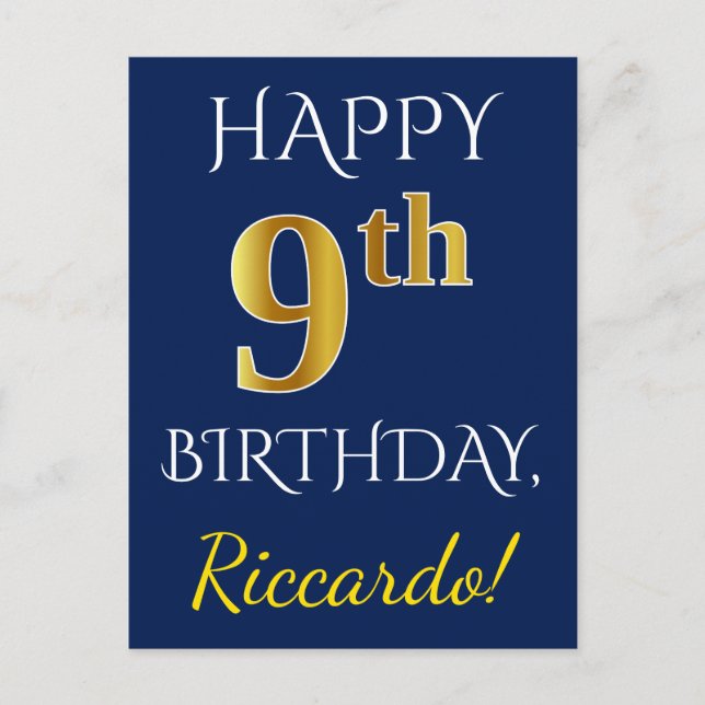 Blau, Imitate Gold 9. Geburtstag + Individuelle Na Postkarte (Vorderseite)