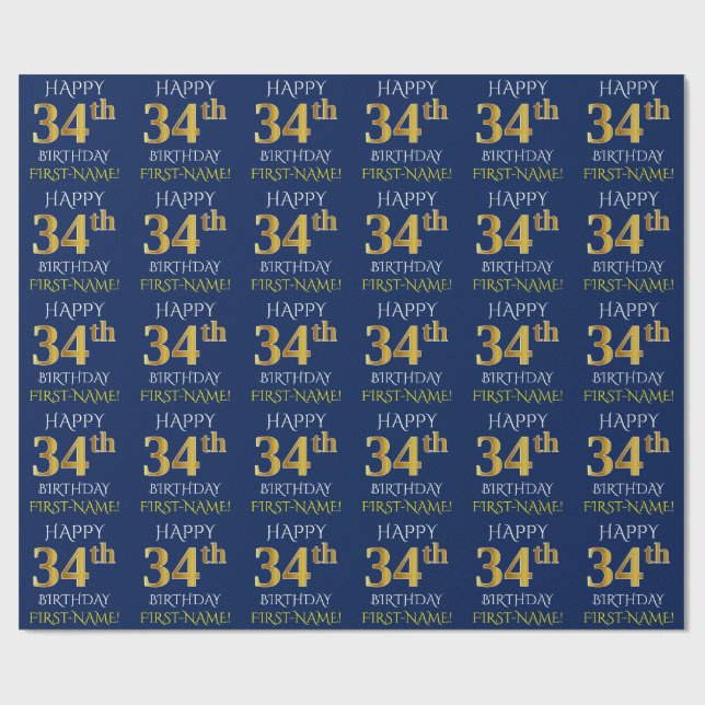 Blau, Imitate Gold "HAPPY 34. BIRTHDAY" Geschenkpapier (Flach)
