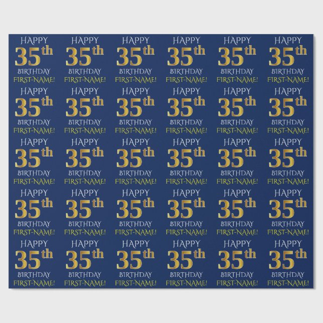 Blau, Imitate Gold "HAPPY 35. BIRTHDAY" Geschenkpapier (Flach)