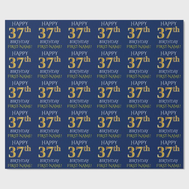 Blau, Imitate Gold "HAPPY 37. BIRTHDAY" Geschenkpapier (Flach)