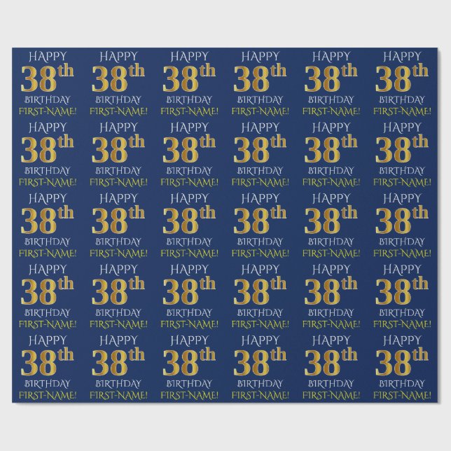 Blau, Imitate Gold "HAPPY 38. BIRTHDAY" Geschenkpapier (Flach)
