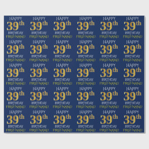 Blau, Imitate Gold "HAPPY 39. BIRTHDAY" Geschenkpapier