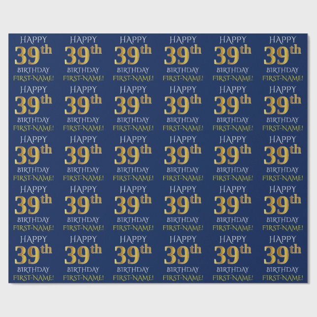 Blau, Imitate Gold "HAPPY 39. BIRTHDAY" Geschenkpapier (Flach)