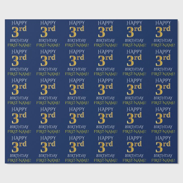 Blau, Imitate Gold "HAPPY 3. BIRTHDAY" Geschenkpapier (Flach)
