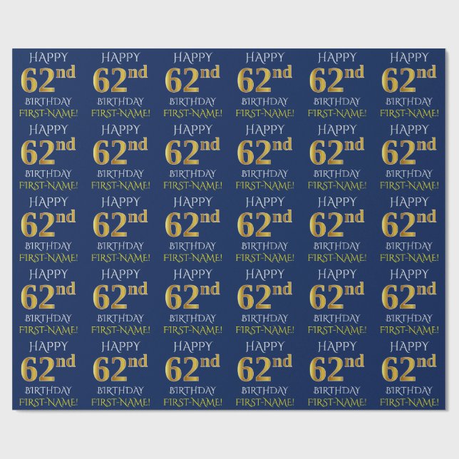 Blau, Imitate Gold "HAPPY 62. BIRTHDAY" Geschenkpapier (Flach)