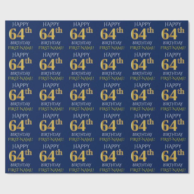 Blau, Imitate Gold "HAPPY 64. GEBURTSTAG" Geschenkpapier (Flach)
