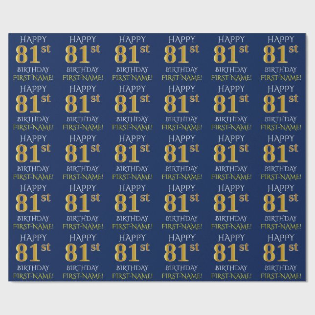 Blau, Imitate Gold "HAPPY 81. BIRTHDAY" Geschenkpapier (Flach)