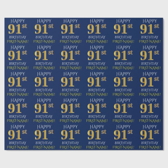 Blau, Imitate Gold "HAPPY 91. BIRTHDAY" Geschenkpapier (Flach)
