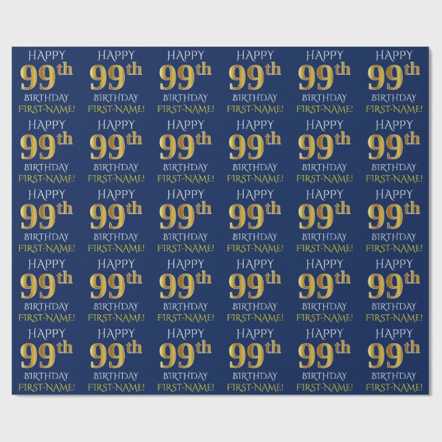 Blau, Imitate Gold "HAPPY 99. GEBURTSTAG" Geschenkpapier (Flach)