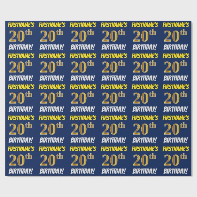 Blau, Imitate/Nachahmungs-Gold, "20. GEBURTSTAG" Geschenkpapier (Flach)