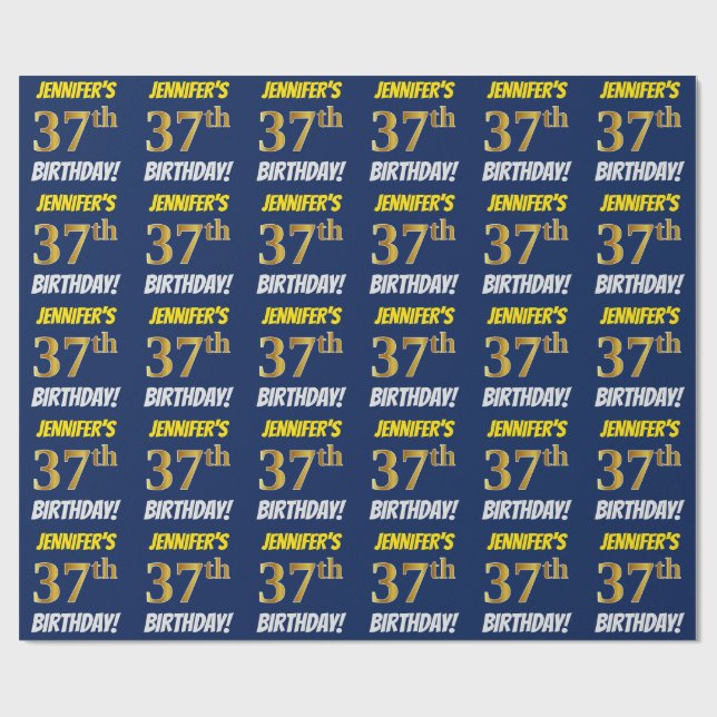 Blau, Imitate/Nachahmungs-Gold, "37. BIRTHTAG" Geschenkpapier (Flach)