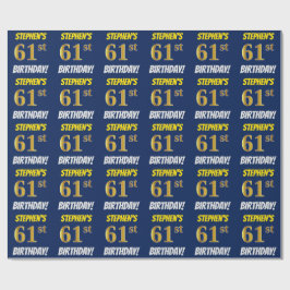 Blau, Imitate/Nachahmungs-Gold, "61. BIRTHTAG" Geschenkpapier