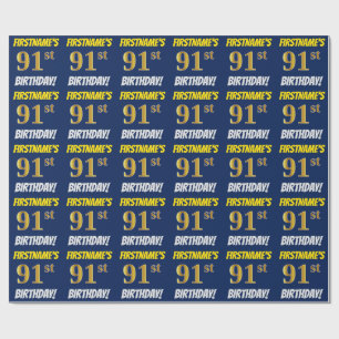 Blau, Imitate/Nachahmungs-Gold, "91. BIRTHTAG" Geschenkpapier