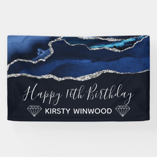 Blau & Imitate Silver Glitzer Agate Sweet 16 Banner (Horizontal)