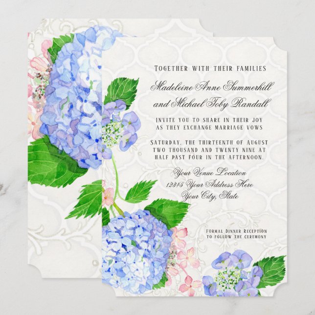 Blau in Pink Hydrangeas Wasserfarbe Floral Arabesk Einladung (Vorne/Hinten)
