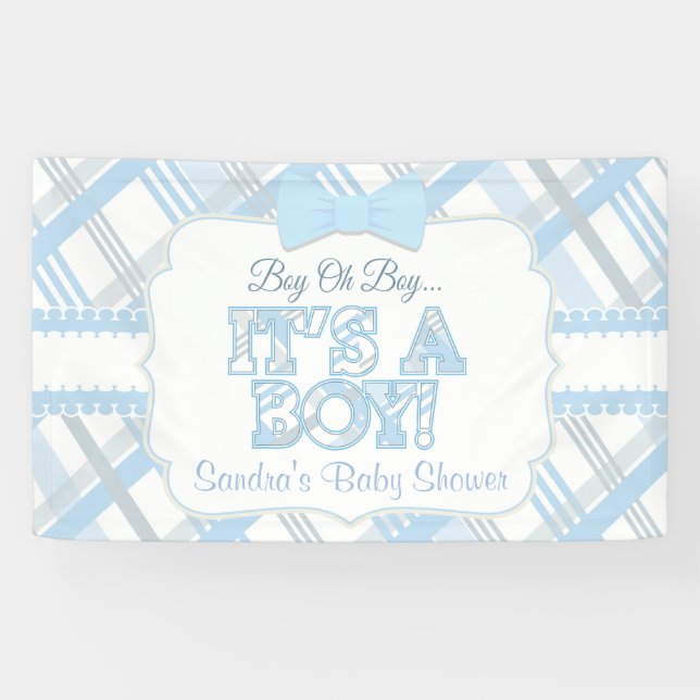 Blau, ist es ein Junge, karierte Baby-Dusche Banner (Horizontal)
